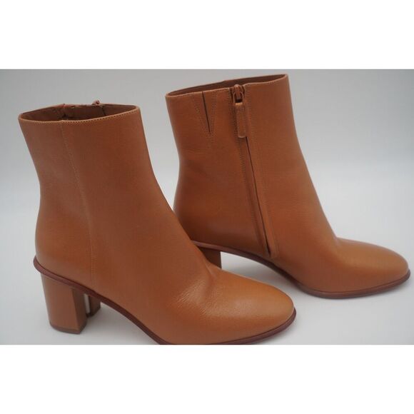 Tory Burch Brooke Stamped Heel Leather Ankle Block Booties Caramel Tan Size 9M - Picture 1 of 7